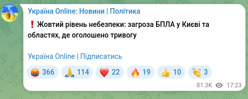 Скріншот Telegram-публікації: ❗️Жовтий рівень небезпеки: загроза БПЛА у Києві та областях, де оголошено трив…