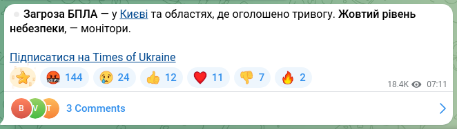 Скріншот Telegram-публікації: ⏺Загроза БПЛА — у Києві та областях, де оголошено тривогу. Жовтий рівень небезп…