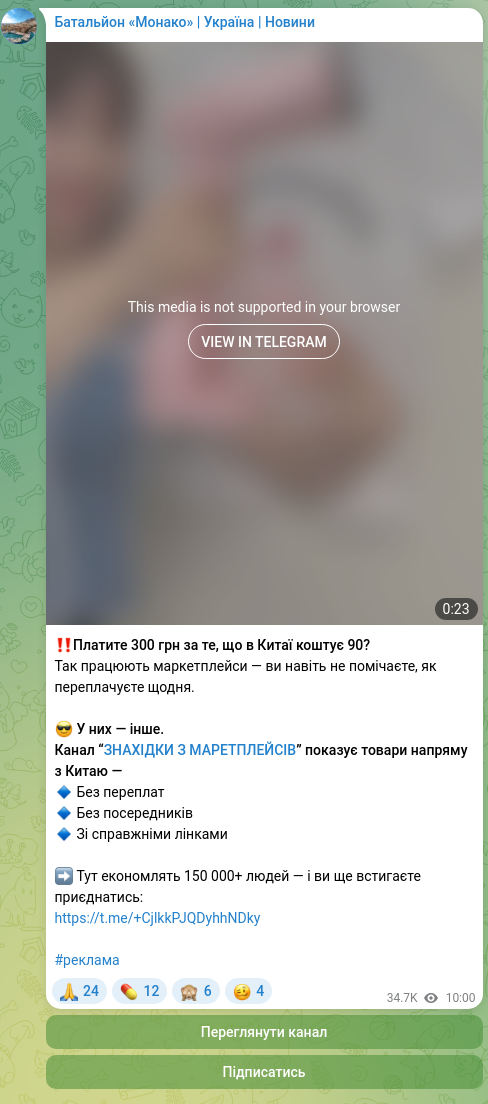 Screenshot of a Telegram post: ‼️Do you pay 300 UAH for something that costs 90 in China? This is how marketpl…