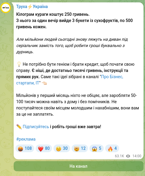 Скріншот Telegram-публікації: Кілограм кураги коштує 250 гривень. З нього за один вечір вийде 3 букети із сух…