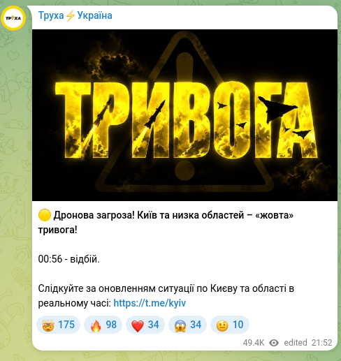 Скріншот Telegram-публікації: 🟡 Дронова загроза! Київ та низка областей – «жовта» тривога! 00:56 - відбій. С…