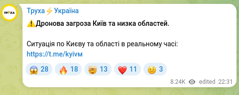 Скріншот Telegram-публікації: ⚠️Дронова загроза Київ та низка областей. Ситуація по Києву та області в реальн…