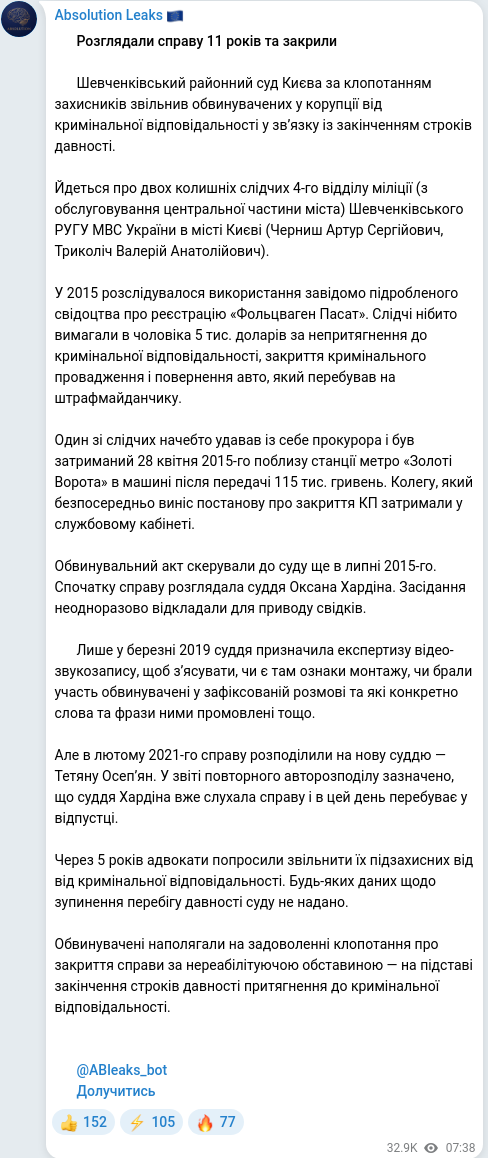 Скріншот Telegram-публікації