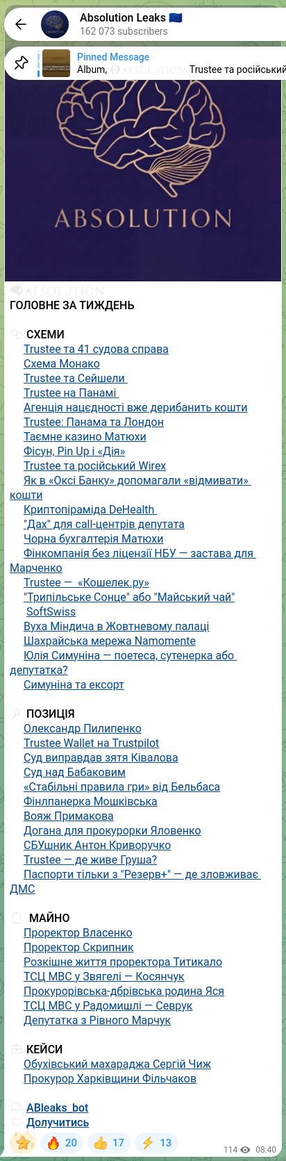Скріншот Telegram-публікації: Чиж Сергій Іванович — 🧠🧡🧡🧡🧡🧡🧡 ГОЛОВНЕ ЗА ТИЖДЕНЬ 🧩 СХЕМИ 🔸Trustee та 41 судова справа…