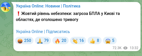Скріншот Telegram-публікації: ❗️Жовтий рівень небезпеки: загроза БПЛА у Києві та областях, де оголошено трив…