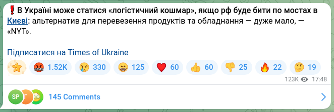 Скріншот Telegram-публікації: ❗️В Україні може статися «логістичний кошмар», якщо рф буде бити по мостах в К…