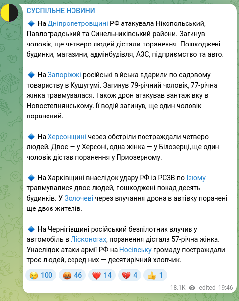 Скріншот Telegram-публікації: 🔹 На Дніпропетровщині РФ атакувала Нікопольський, Павлоградський та Синельникі…