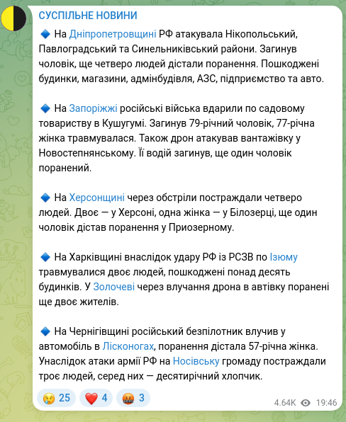 Скріншот Telegram-публікації: 🔹 На Дніпропетровщині РФ атакувала Нікопольський, Павлоградський та Синельникі…