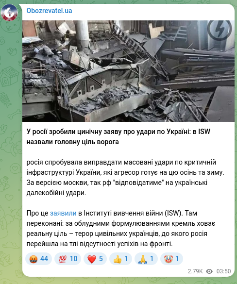 Скріншот Telegram-публікації: У росії зробили цинічну заяву про удари по Україні: в ISW назвали головну ціль…