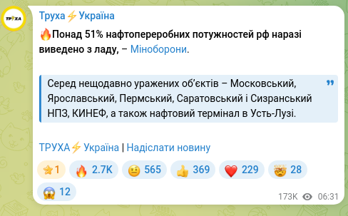 Скріншот Telegram-публікації: 🔥Понад 51% нафтопереробних потужностей рф наразі виведено з ладу, – Міноборони…