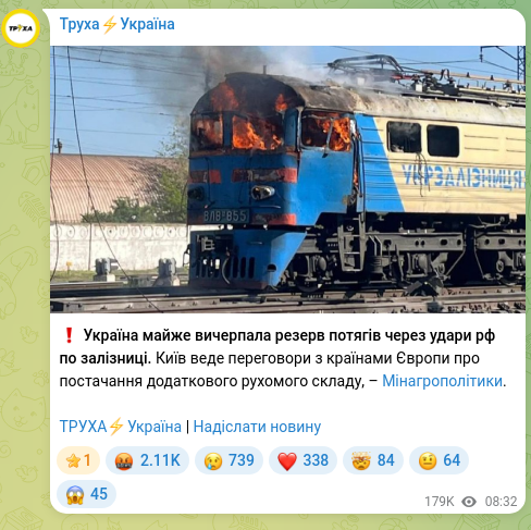 Скріншот Telegram-публікації: ❗️ Україна майже вичерпала резерв потягів через удари рф по залізниці. Київ ве…