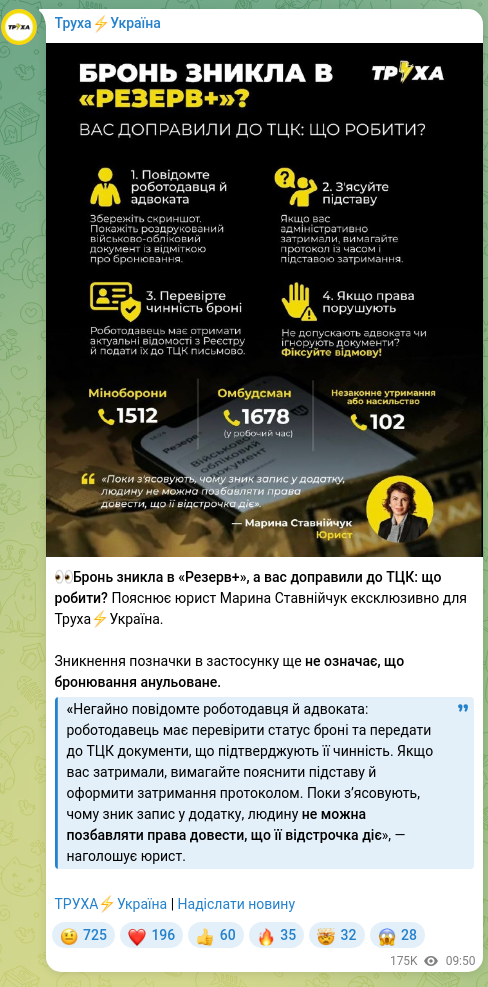 Скріншот Telegram-публікації: 👀Бронь зникла в «Резерв+», а вас доправили до ТЦК: що робити? Пояснює юрист Ма…