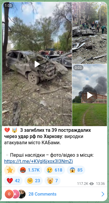 Screenshot of a Telegram post: 💔🤯 3 killed and 39 injured due to the Russian strike on Kharkiv: scum attacke…