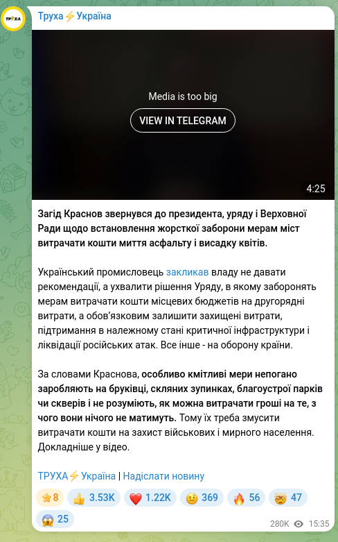 Screenshot of a Telegram post: Krasnov Zahid Hennadiyovych — Zahid Krasnov appealed to the president, the government, and th…