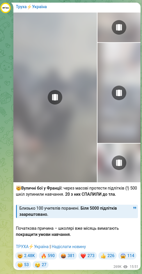 Screenshot of a Telegram post: 🤯Street fighting in France: due to massive protests by teenagers (!) 500 schoo…