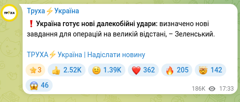 Скріншот Telegram-публікації: ❗️Україна готує нові далекобійні удари: визначено нові завдання для операцій н…