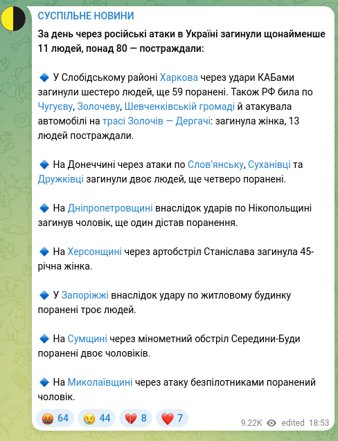 Скріншот Telegram-публікації: За день через російські атаки в Україні загинули щонайменше 11 людей, понад 80…