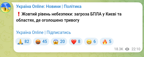 Скріншот Telegram-публікації: ❗️Жовтий рівень небезпеки: загроза БПЛА у Києві та областях, де оголошено трив…