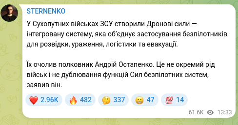 Скріншот Telegram-публікації: У Сухопутних військах ЗСУ створили Дронові сили — інтегровану систему, яка об’є…