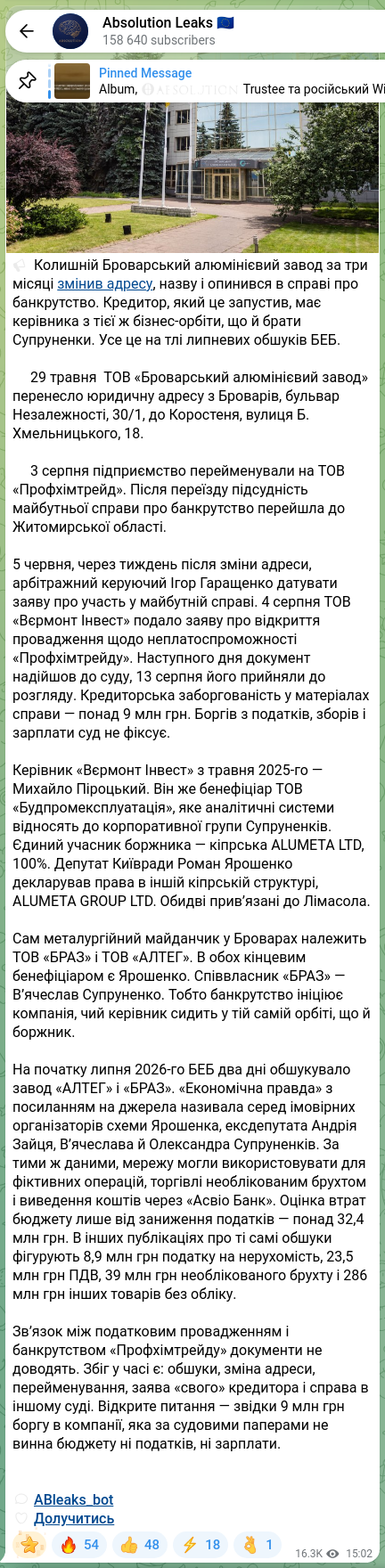 Скріншот Telegram-публікації: Ярошенко Роман Валерійович — 🔈 Колишній Броварський алюмінієвий завод за три місяці змінив ад…