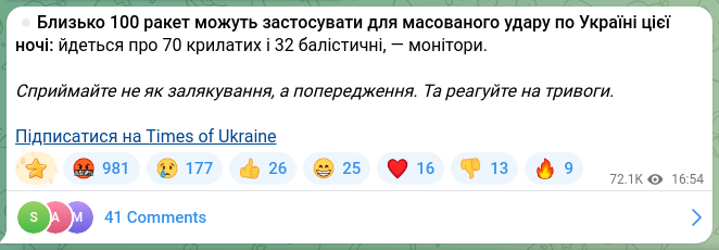 Скріншот Telegram-публікації: ⏺Близько 100 ракет можуть застосувати для масованого удару по Україні цієї ночі…