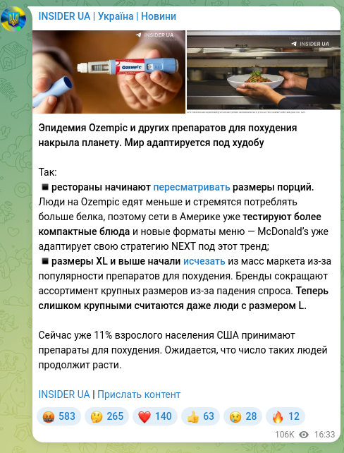 Скріншот Telegram-публікації: Эпидемия Ozempic и других препаратов для похудения накрыла планету. Мир адаптир…