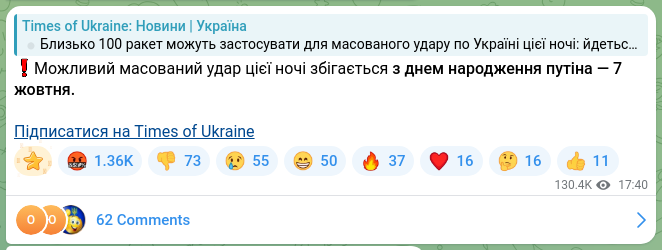Скріншот Telegram-публікації: ❗️Можливий масований удар цієї ночі збігається з днем народження путіна — 7 жо…