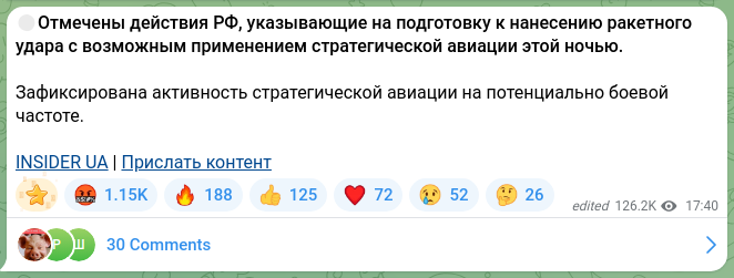 Скріншот Telegram-публікації: 🔴Отмечены действия РФ, указывающие на подготовку к нанесению ракетного удара с…
