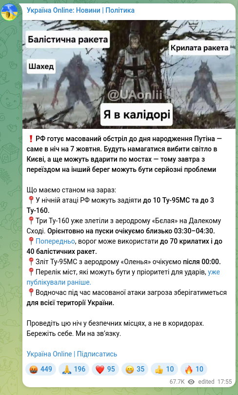 Скріншот Telegram-публікації: ❗️РФ готує масований обстріл до дня народження Путіна — саме в ніч на 7 жовтня…