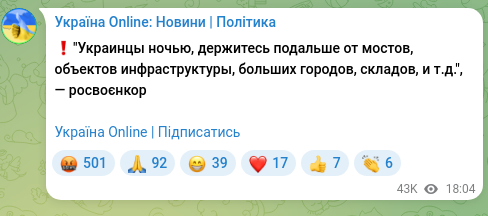 Скріншот Telegram-публікації: ❗️"Украинцы ночью, держитесь подальше от мостов, объектов инфраструктуры, боль…