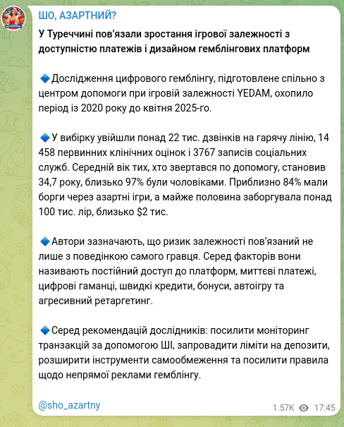 Screenshot of a Telegram post: In Turkey, the rise in gambling addiction was linked to payment availability an…