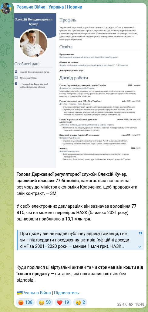 Скріншот Telegram-публікації: Кучер Олексій Володимирович — Голова Державної регуляторної служби Олексій Кучер, щасливий вла…