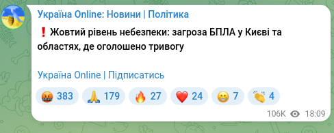 Скріншот Telegram-публікації: ❗️Жовтий рівень небезпеки: загроза БПЛА у Києві та областях, де оголошено трив…
