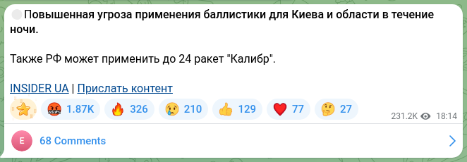 Скріншот Telegram-публікації: 🔴Повышенная угроза применения баллистики для Киева и области в течение ночи. Т…