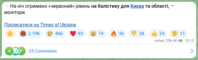 Скріншот Telegram-публікації: ⏺На ніч отримано «червоний» рівень на балістику для Києва та області, — монітор…