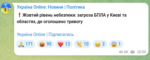 Скріншот Telegram-публікації: ❗️Жовтий рівень небезпеки: загроза БПЛА у Києві та областях, де оголошено трив…