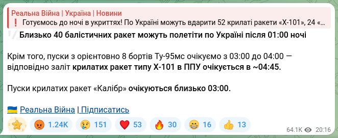 Скріншот Telegram-публікації: ‼️ Близько 40 балістичних ракет можуть полетіти по Україні після 01:00 ночі Крі…