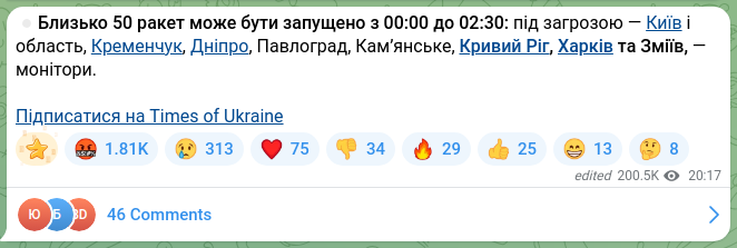 Скріншот Telegram-публікації: ⏺Близько 50 ракет може бути запущено з 00:00 до 02:30: під загрозою — Київ і об…