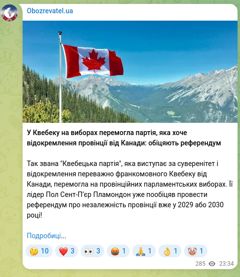 Screenshot of a Telegram post: In Quebec, the party that wants to separate the province from Canada won the el…