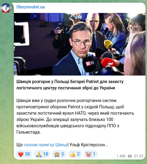 Скріншот Telegram-публікації: Швеція розгорне у Польщі батареї Patriot для захисту логістичного центру постач…
