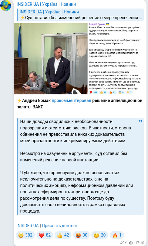 Скріншот Telegram-публікації
