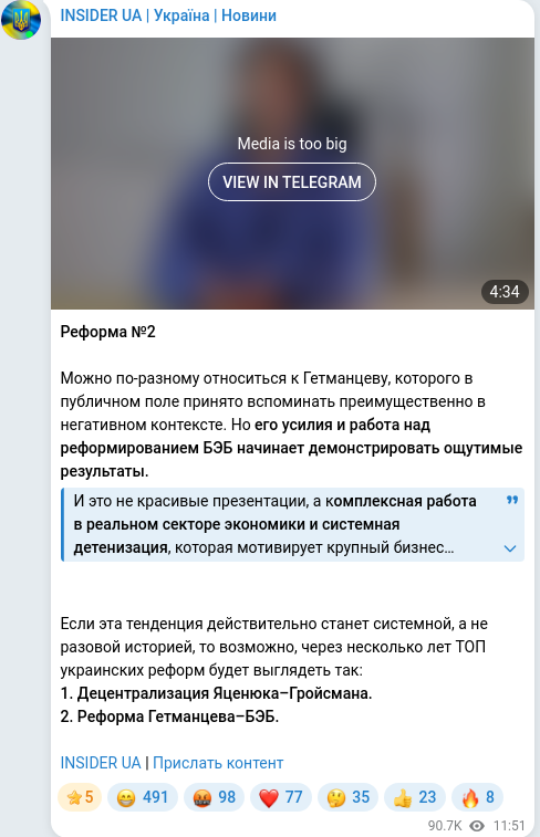 Скріншот Telegram-публікації