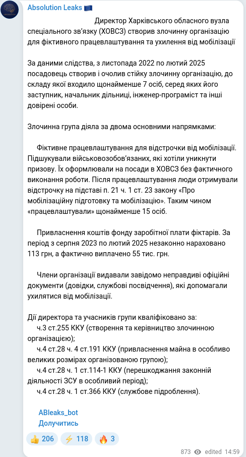 Скріншот Telegram-публікації