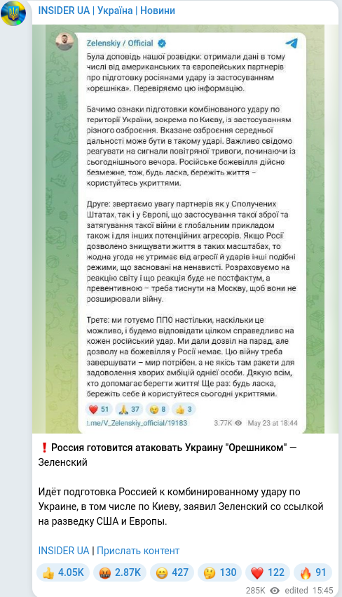 Скріншот Telegram-публікації