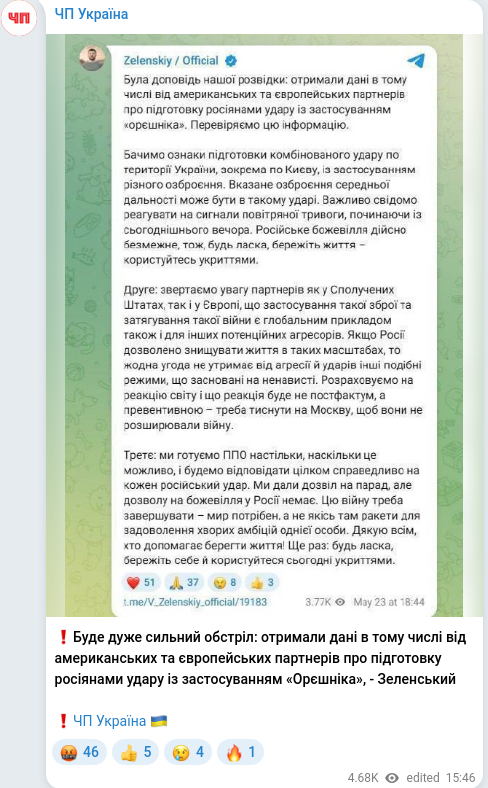 Скріншот Telegram-публікації