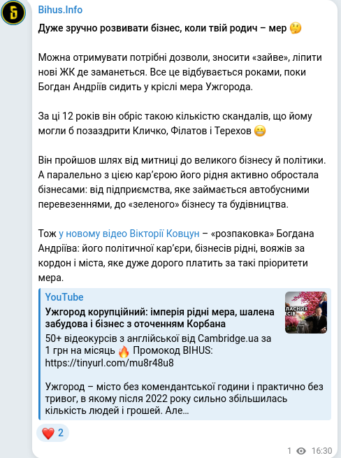 Скріншот Telegram-публікації