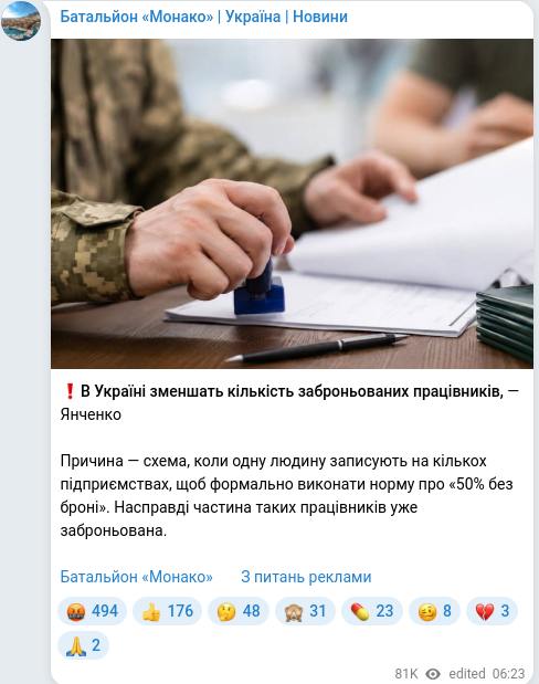 Скріншот Telegram-публікації