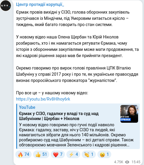 Скріншот Telegram-публікації