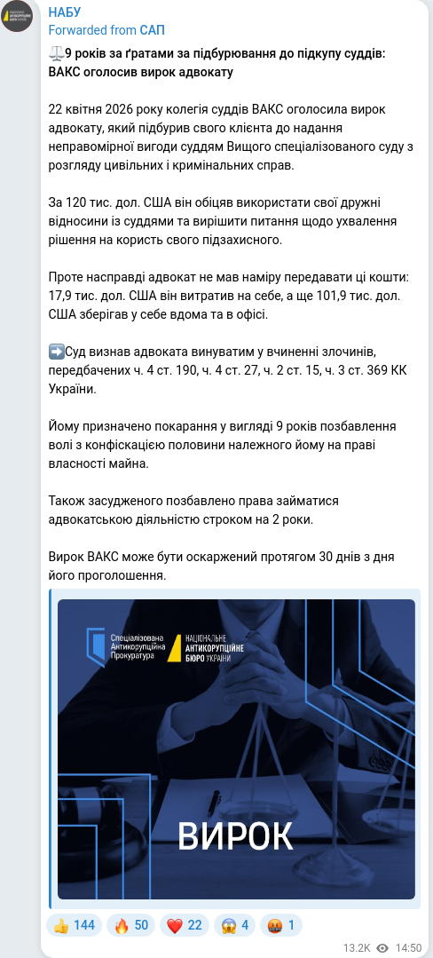 Скріншот Telegram-публікації