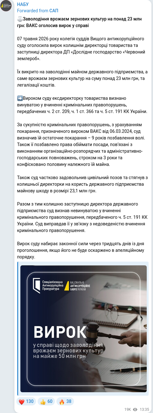 Скріншот Telegram-публікації